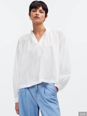 Madewell White Cotton V-Neck Long Sleeve Top